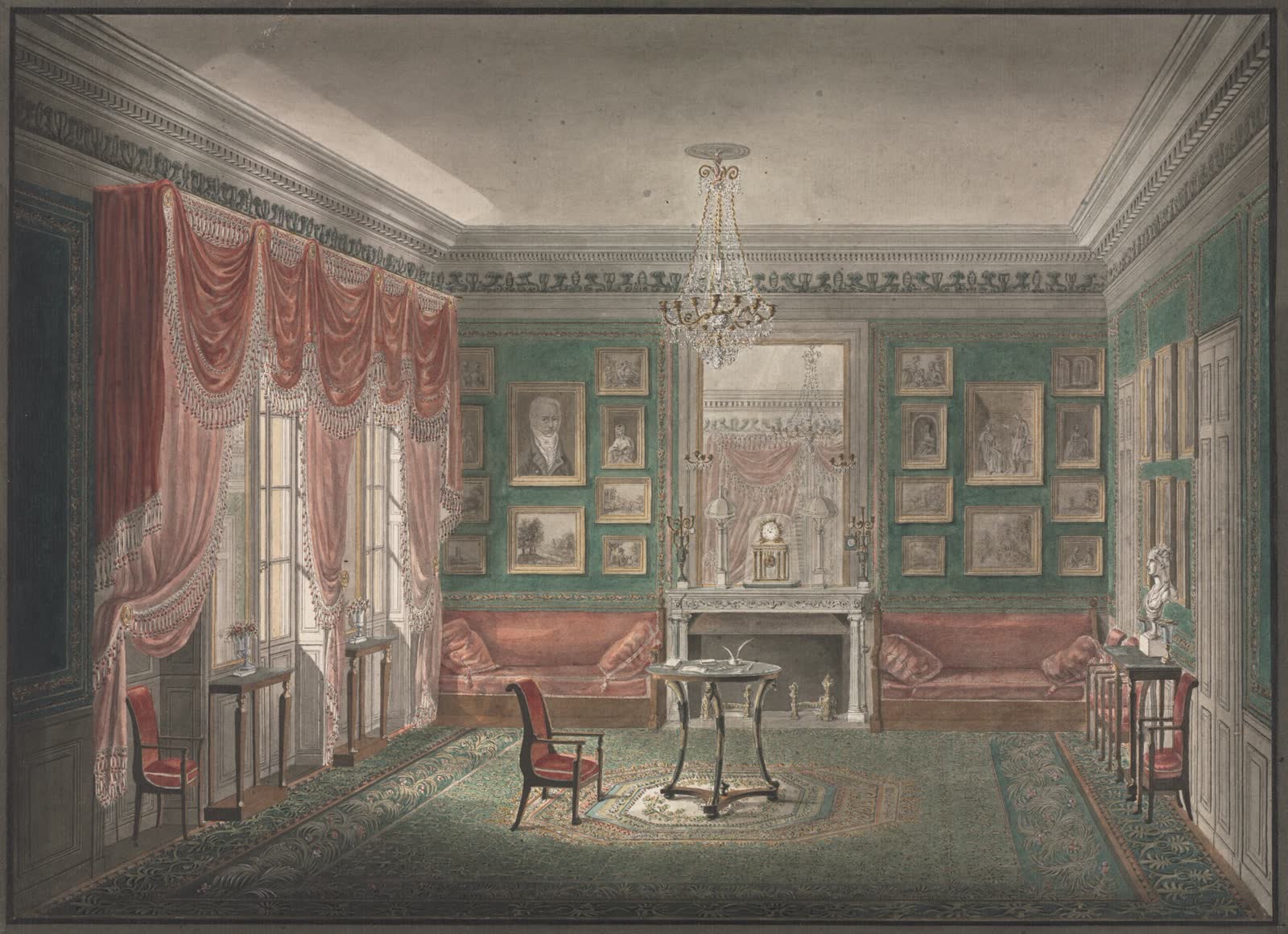 Aquarela de uma sala do século XIX com lustre, cortinas vermelhas, quadros nas paredes e móveis de época