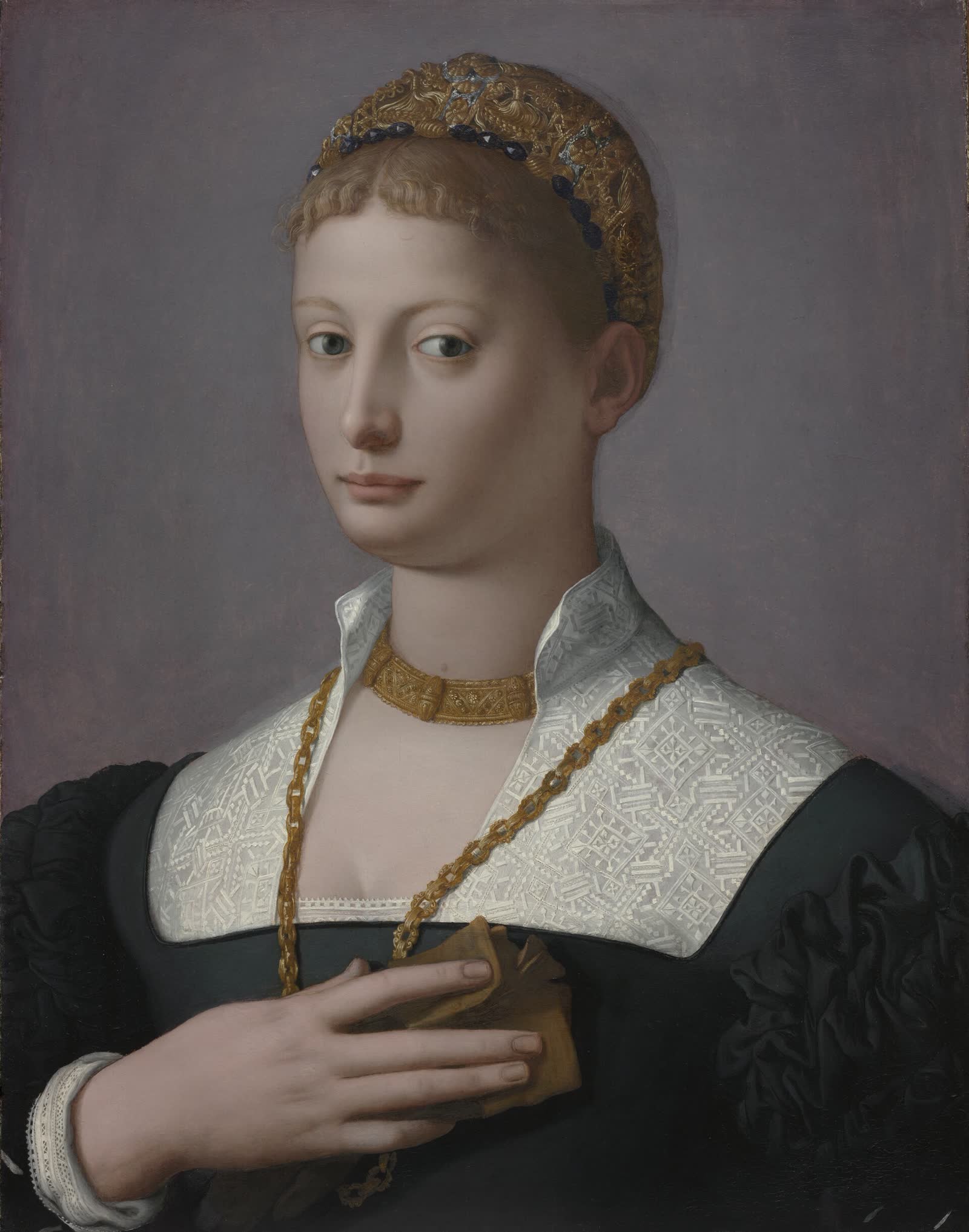 Retrato a óleo de mulher com colar de ouro
